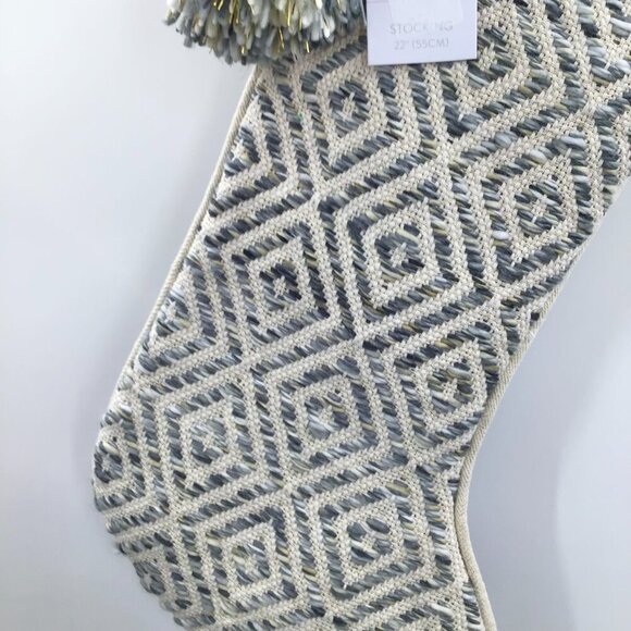 34th & Pine Woven Christmas Stocking Large Tassel Gold Cream Blue Yarn Winter - Picture 7 of 10